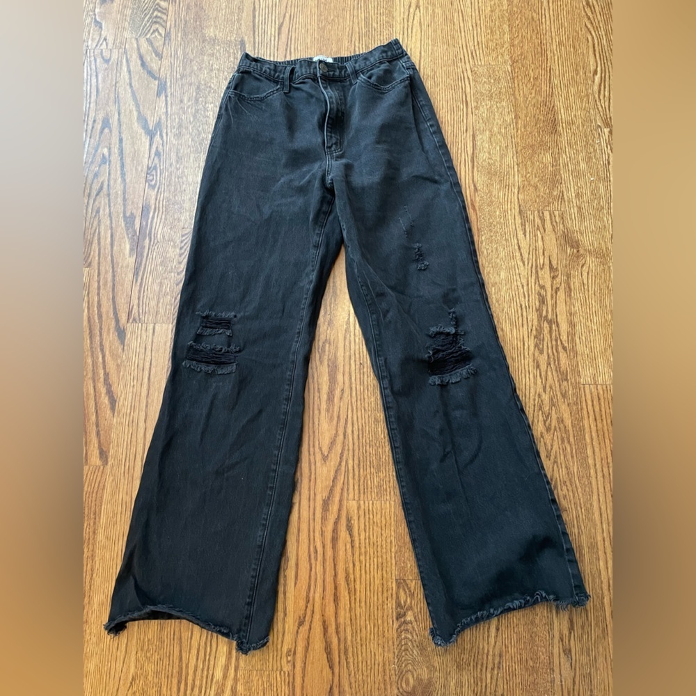 Show Me Your Mumu Distressed Black Wash Wide Leg High Rise Jeans Waist Size 28